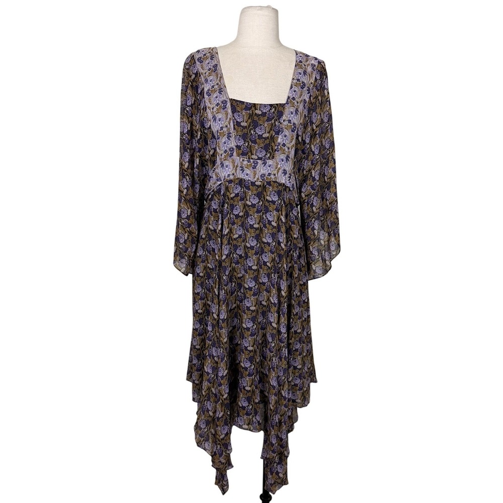 Michael Kors Silk Floral Dress Sz XL Purple Tan Empire Waist Asymmetrical Fairy